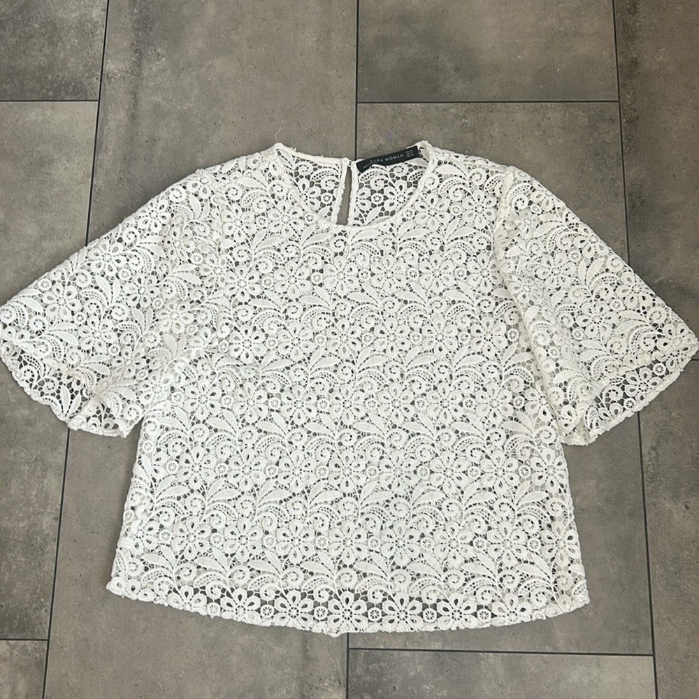 Zara woman white lace crochet short sleeve blouse XS